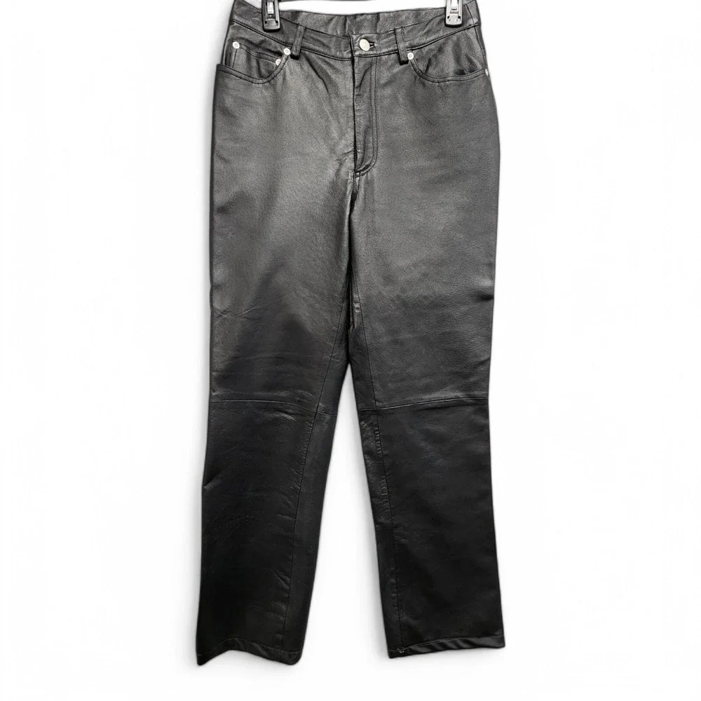 Womens Leather Pants Sz 8 (26x28) Black Lined Quiet Luxury Euro Chic Moto Biker‎